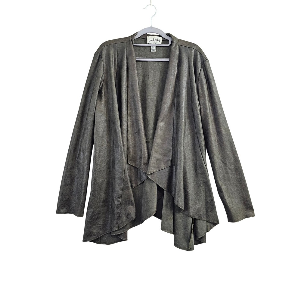 Joseph Ribkoff Jacket Womens 18 Grey Solid Faux Leather Drape Front Peplum Back